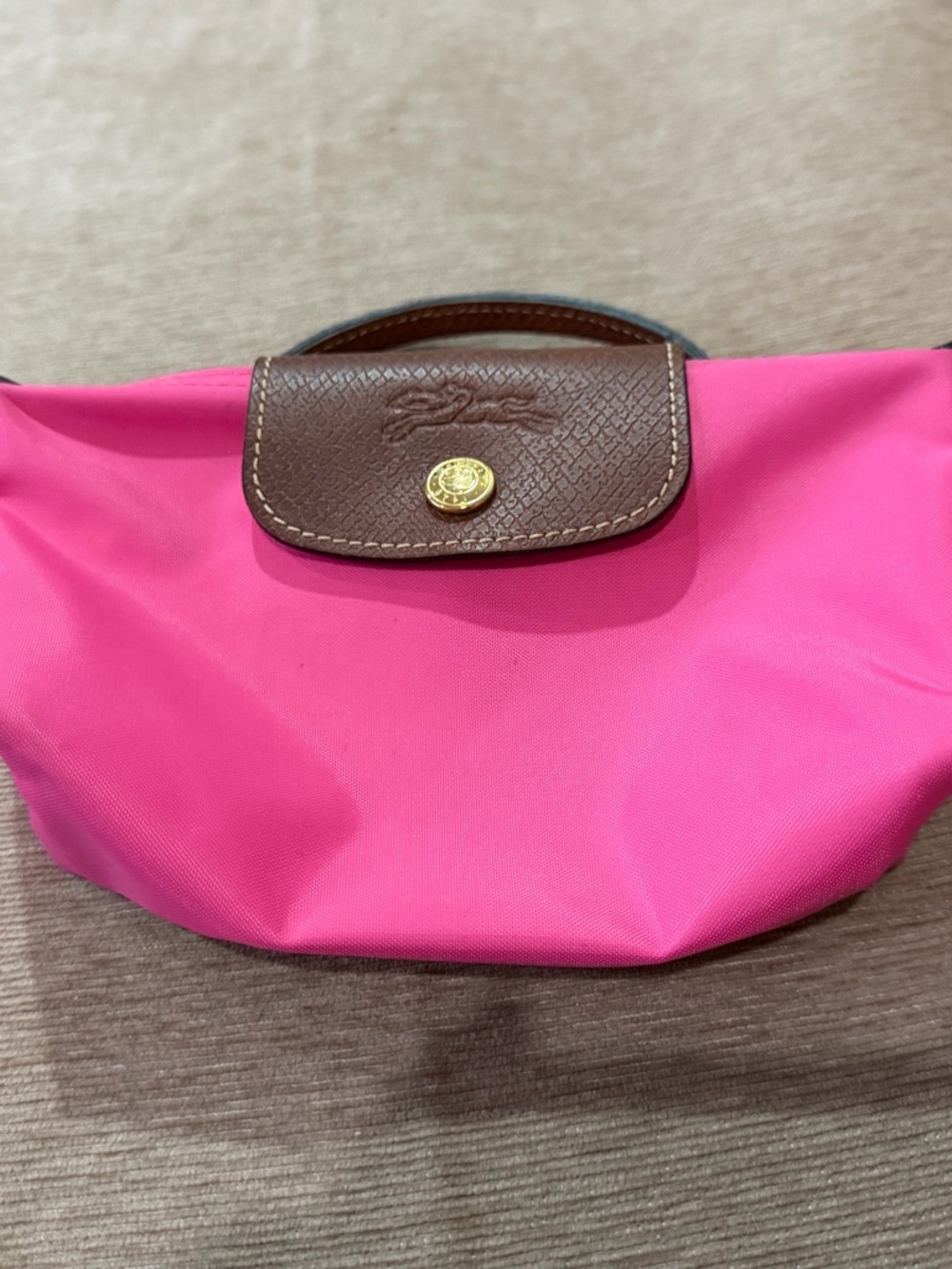Longchamp Pink Nylon Cosmetic Pouch with Brown Leather Flap